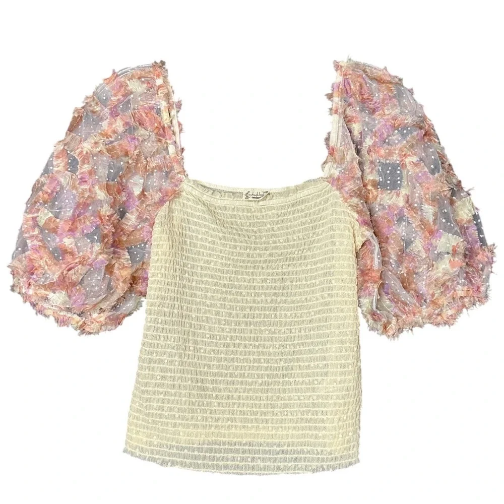 Free People Cream Smocked Mesh Top Sheer Puff Sleeve Coquette Fairycore